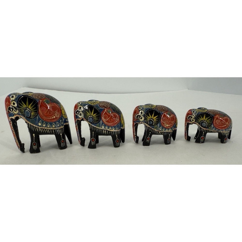 Boho Decor Hand Painted Carved Wood Folk Art Elephant FigurinesSet of 4